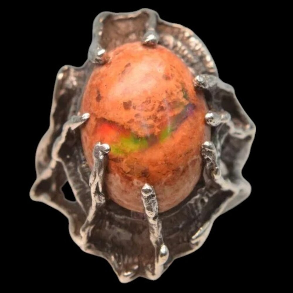 Antique Brown Opal & Silver Ring Handcrafted Art Nouveau Arts & Craft Era